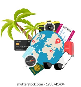Summertime traveling template with beach summer accessories, vector illustration. Safe travel and immunity passport or mask