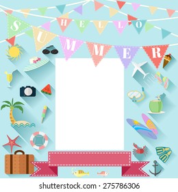 Summertime traveling template with beach summer accessories, vector illustration.