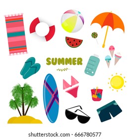 Summertime traveling template with beach summer accessories. Vector Illustration