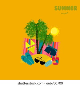 Summertime traveling template with beach summer accessories. Vector Illustration