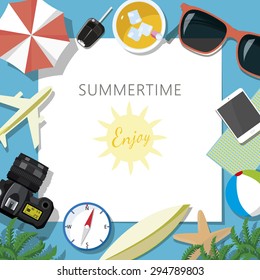 Summertime traveling template with holiday summer accessories, vector illustration.