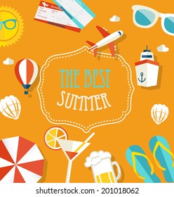 Summertime traveling template with for text frame, vector illustration.