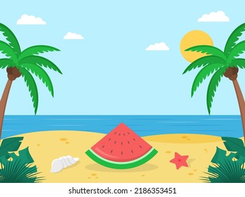 Summertime, travelling concept, beach background, shiny sun, palm trees and watermelon. Flat style illustration for summer holidays.