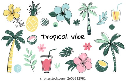 Summertime tropical doodles. Hand drawn summer simple style set. Palm trees, tropical flowers, cocktails. Exotic collection.