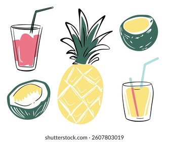Summertime tropical doodles. Hand drawn pineapple, coconut, cocktails. Exotic set.