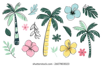 Summertime tropical doodles. Hand drawn summer set. Palm trees, tropical flowers and leaves. Exotic collection.