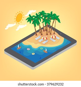 Summertime Tropical Vacation Isometric Concept. Exotic Island with Palm Trees on Smartphone. Vector illustration