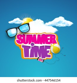 SummerTime Typography design. Blue sky with clouds, sun and summer time lettering, Vector design with beach objects.
