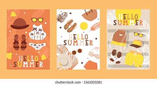 Summertime vacation banners, vector illustration. Travel agency flyer, simple icons of vacation fashion accessories. Tour advertisement, seaside and beach leisure, holiday trip brochure, hello summer