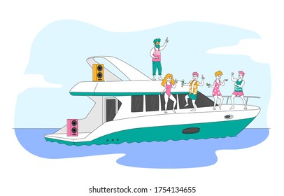 Summertime Vacation Cruise. Young People Relaxing on Luxury Yacht at Ocean. Happy Male and Female Characters Rest on Ship Jumping to Sea, Drinking and Take Sun Bathing. Linear Vector Illustration