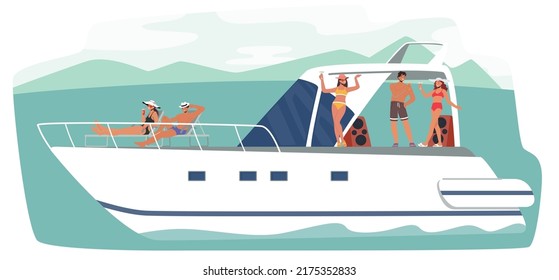 Cruceros de vacaciones en verano. Jóvenes relajándose en un yate de lujo en el Océano. Personajes felices, hombres y mujeres, descansan en el mar, beben, bailan y toman el sol en el baño. Ilustración del vector de dibujos animados