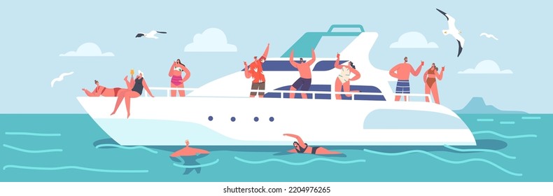 Summertime Vacation Cruise. Young People Relaxing on Luxury Yacht at Ocean. Happy Male and Female Characters Rest on Ship in Sea, Drinking, Dance and Take Sun Bathing. Cartoon Vector Illustration