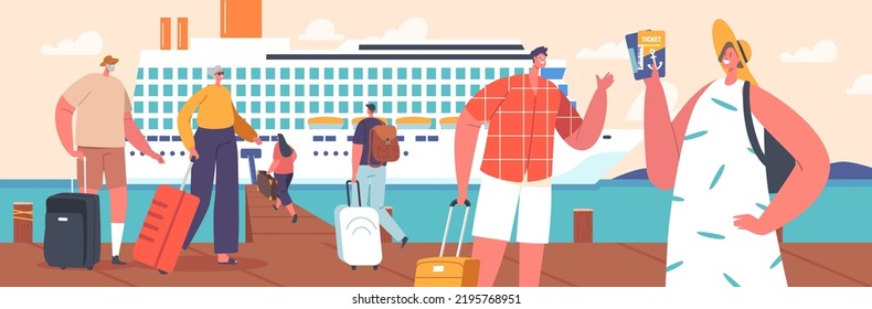 Summertime Vacation Journey On Nautical Passenger Vessel. People Boarding On Cruise Liner Deck with Seascape Nature Background. Characters Summer Relax On Ship In Ocean. Cartoon Vector Illustration