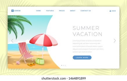 Summertime vacation landing page template. Seaside resort with sandy beach, deckchair and umbrella. Summertime recreation on tropical island travel agency promotional webpage design layout