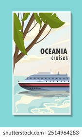 Summertime vacation poster. Cruise and liner in sea or ocean. Holiday and vacation. Nautical transport. Social media cover. Flat vector illustration isolated on blue background