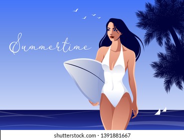 Summertime vacation poster. Smiling pretty woman in white swimsuit holding surfboard. Vector illustration in flat art style. Beautiful sunny seascape on background.