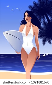 Summertime vacation poster. Smiling pretty woman in white swimsuit holding surfboard. Vector illustration in flat art style. Beautiful sunny seascape on background.
