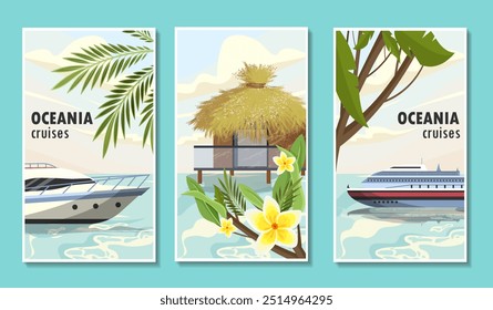 Summertime vacation posters set. Liner and yacht. Holiday and vacation in tropical and exotic countries. Sea or ocean near islands. Flat vector collection isolated on blue background