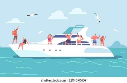 Summertime Vacation, Sea Cruise. Young People Relaxing on Luxury Yacht at Ocean. Happy Male and Female Characters Rest on Ship, Drinking Cocktails and Sun Bathing. Cartoon Vector Illustration