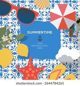 Summertime vacation template with beach summer accessories on Mediterranean tiles. Yellow lemons, beach umbrella, seashell, starfish, sunglasses, mediterranean seashore picnic retro coastal