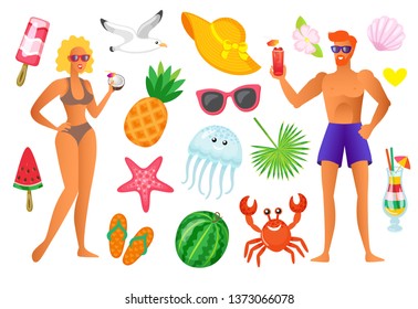 Summertime vacation vector, people and icons of seashell ice cream and accessories. Hat and watermelon on stick, crab and pineapple, jellyfish and cocktail