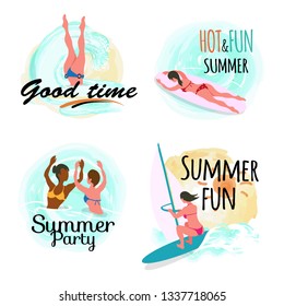 Summertime vacation vector, set of people on holidays flat style, people in water sea adventures of friends swimming and windsurfing, surfboarding