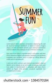 Summertime vacation vector, windsurfing hobby of person wearing bathing suit, water fun and fair weather with sunshine, wooden board and sailing lady