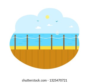Summertime vacation vector, wooden pier with seascape and sunshine. Fine weather and clear sky, deep sea water surface, resort for tourists tropics