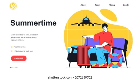 Sommerzeit Urlaub Web-Banner Konzept. Mann mit Koffer und geht auf Reise, Passagier Reisende mit Gepäck am Flughafen, Landing Page Vorlage. Vektorgrafik mit Menschen-Szene in flachem Design