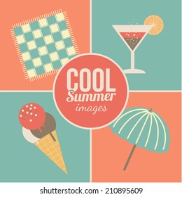 Summertime vacations and traveling background. Flat vintage symbols. Eps 10 vector illustration.