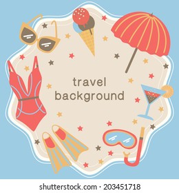 Summertime vacations and traveling background. Island seashore symbols. Eps 10 vector illustration.