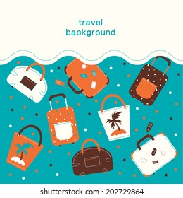 Summertime vacations and traveling background. Journey cases symbols. Eps 10 vector illustration.