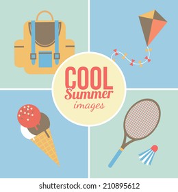Summertime vacations and traveling background. Mountain forest camping symbols. Eps 10 vector illustration.