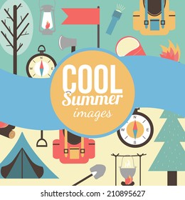 Summertime vacations and traveling background. Mountain forest camping symbols. Eps 10 vector illustration.