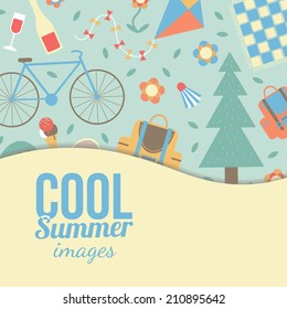 Summertime vacations and traveling background. Mountain forest camping symbols. Eps 10 vector illustration.
