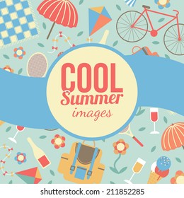 Summertime vacations and traveling background. Mountain forest camping symbols. Eps 10 vector illustration.