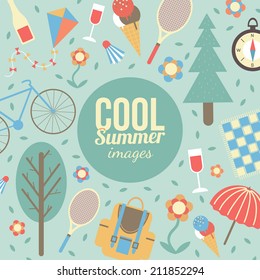 Summertime vacations and traveling background. Mountain forest camping symbols. Eps 10 vector illustration.