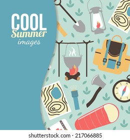 Summertime vacations and traveling background. Mountain forest camping symbols. Eps 10 vector illustration.