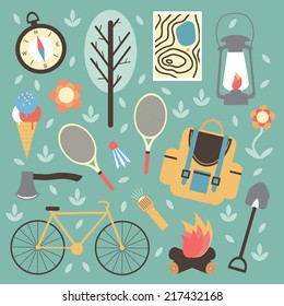 Summertime vacations and traveling background. Mountain forest camping symbols. Eps 10 vector illustration.