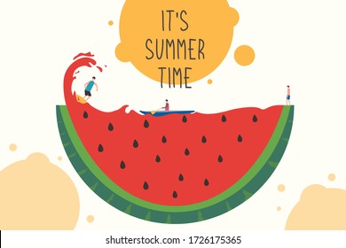 Summertime vector concept: group of male figures surfing, boating, and swimming on the big watermelon