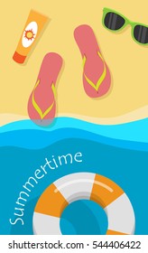 Summertime vector concept. Leisure on seacoast. Coastline with flops, sunscreen, sunglasses on sand and rescue circle on water. For travel company ad, vacation concept, printed materials, web design