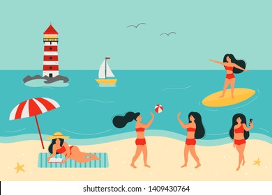 Summertime vector flat illustration. People on the beach. A woman sunbathes and reads a book. Play a beach ball. Take a selfie. Surfer girl on surfboard. Summer vacation banner design.