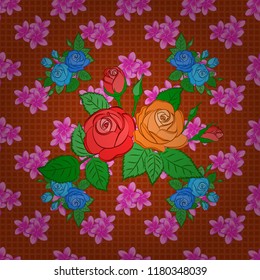 Summertime vector floral seamless pattern. Abstract background composition with rose flowers in green, orange and pink colors, splashes, doodles and stylized flowers.