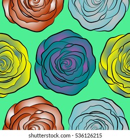 Summertime vector floral seamless pattern. Abstract background composition with rose flowers in purple, yellow and blue colors, splashes, doodles and stylized flowers.