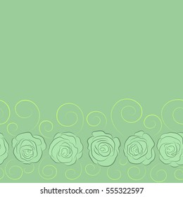 Summertime vector floral seamless pattern with place for your text. Abstract background composition with horizontal rose flowers in neutral and green colors, splashes, doodles and stylized flowers.