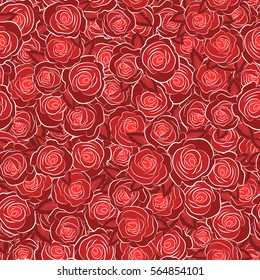 Summertime vector floral seamless pattern. Abstract background composition with rose flowers in red colors, splashes, doodles and stylized flowers.