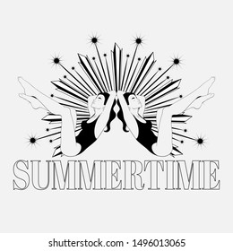 Summertime. Vector hand drawn illustration of girls in swimsuit isolated. Creative tattoo artwork. Template for card, poster. banner, print for t-shirt, pin, badge, patch.