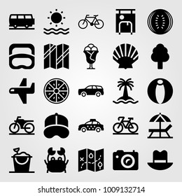 Summertime vector icon set. airplane, sea, motorbike and suitcase