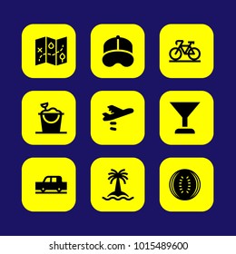 Summertime vector icon set. baseball cap, car, watermelon and cap
