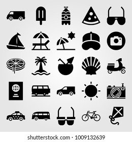 Summertime vector icon set. beach, sun umbrella, bus and cap
